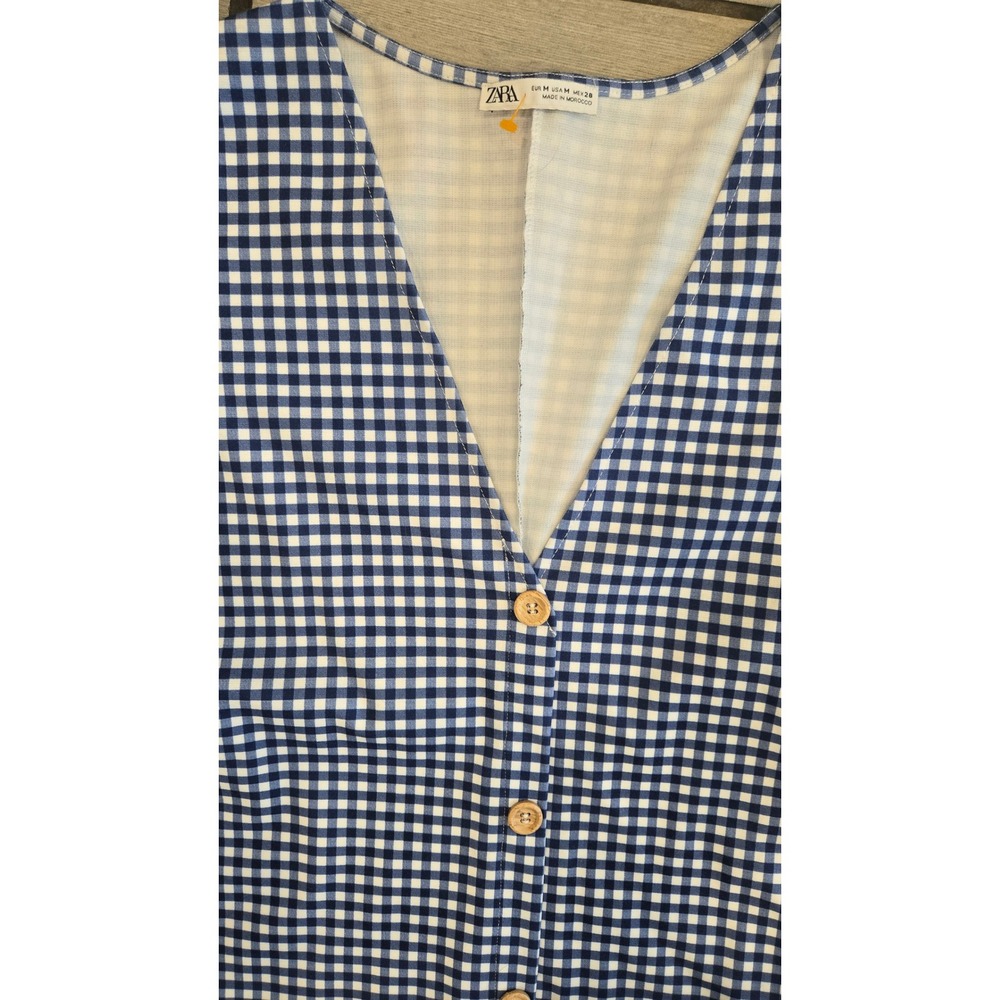 Zara Blue White Gingham Button Front V-Neck Midi Dress Short Sleeve Size Medium - Picture 3 of 6